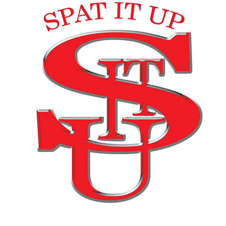 A red and white logo for spat it up.